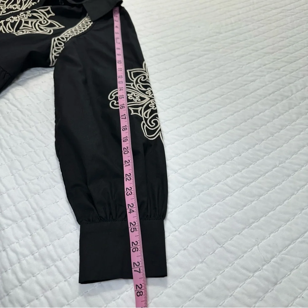 Elegant Button Down Black and Cream Embroidered Long Puff Sleeve Mini Dress - Picture 10 of 16